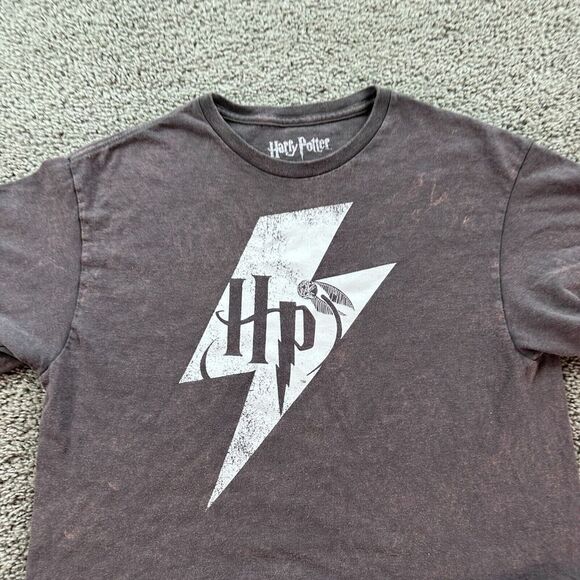 Harry Potter Shirt Mens Medium Brown Gray Cropped Golden Snitch Acid Wash - Picture 3 of 9